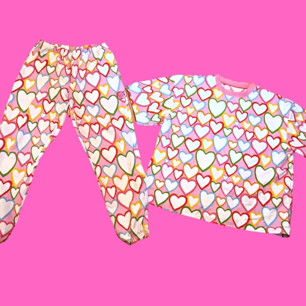 Handmade, Upcycled Pink and Rainbow Hearts Patterned Fabric Pajama Bottoms